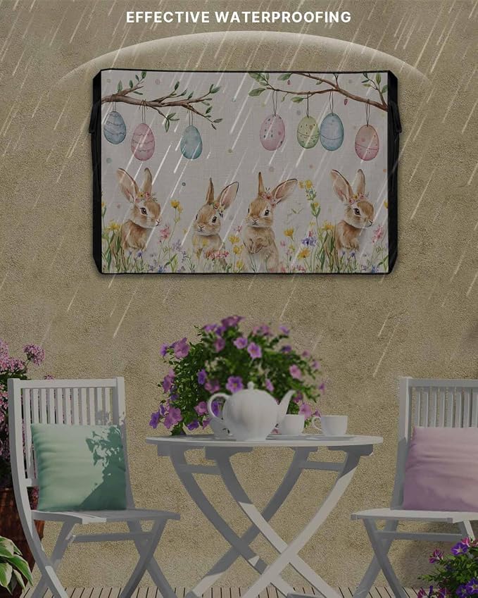 Easter Outdoor TV Cover for Outside Flat Screen,Farm Rabbit Egg 600D Thick Waterproof Weatherproof Outdoor TV Screen Protector with Zipper for 60 to 65 Inch Flat Screens Spring Flower Tree on Linen