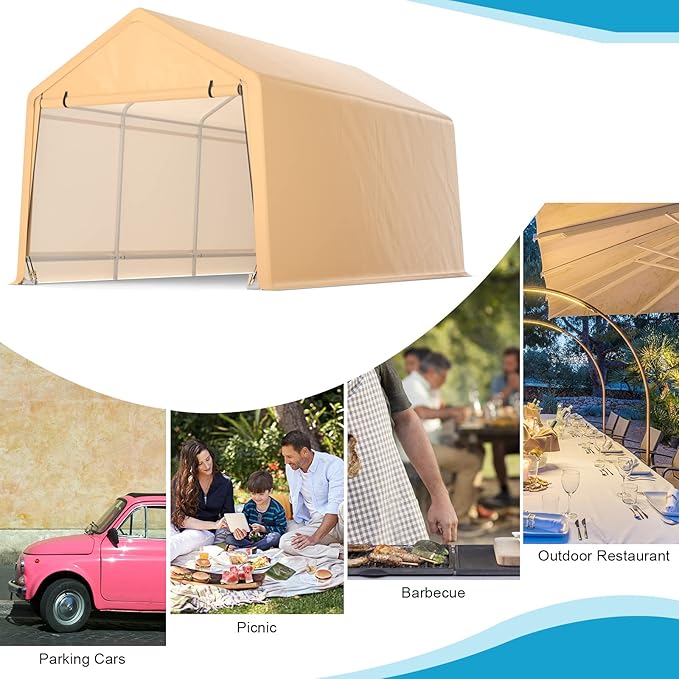 Tangkula 10.5x17 Ft Heavy Duty Carport, Portable Garage with Roll-up Front Door, Metal Car Port with Reinforced Ratchet Straps, Outdoor Car Canopy for Auto, Truck, Boat, SUV
