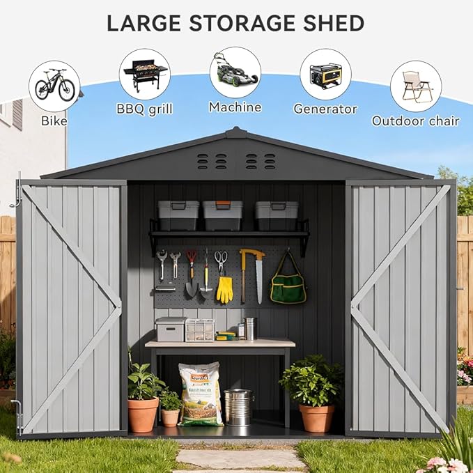 COMHOMA Shed Storage Outdoor Metal Windowed Lockable Weatherproof Ventilated Backyard Garden Utility Workshop(Grey,8'*6')