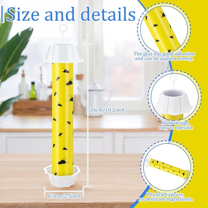 Qualirey 8 Pcs Sticky Fly Trap Fly Stick Indoor Outdoor Long Lasting Hanging Flies Bug Catcher Paper Tape Strips with Hook for Wasps Gnats Bug Insects Fruit Flies Mosquitoes (Novel-1,Yellow and Black)