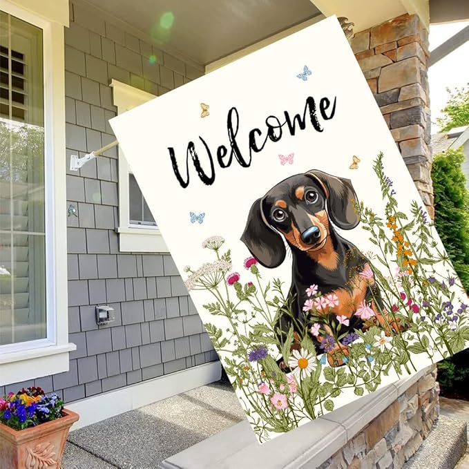 Floral Dachshund Garden Flag Spring Summer House Flags 28 x 40 Double Sided Flower Dog Yard Flags for Outside Large Outdoor Welcome Flags