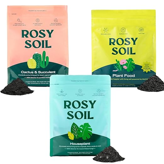 Rosy Soil Houseplant & Cactus Soil + Plant Food Bundle – Peat-Free Indoor Potting Soils + Organic Biochar Plant Food – for Houseplants, Succulents & Cacti – Complete Indoor Plant Care System