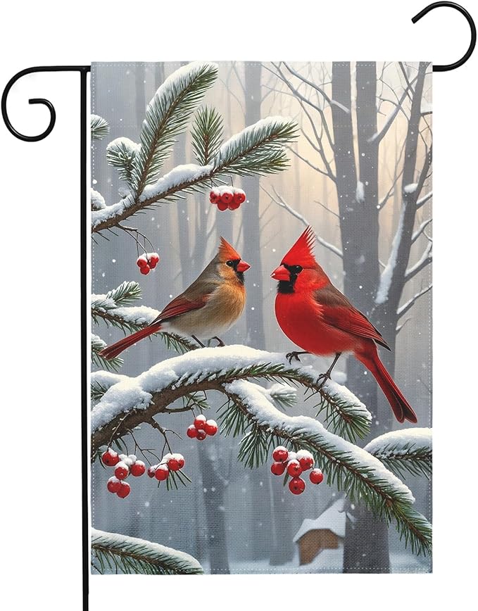 Winter Cardinal Bird Garden Flag 12x18 Inch Red Brown Birds Christmas Holiday Seasonal Theme Decorative Yard Flags for Outside Double Sided Outdoor Home Farmhouse Decoration Porch New Year Decor