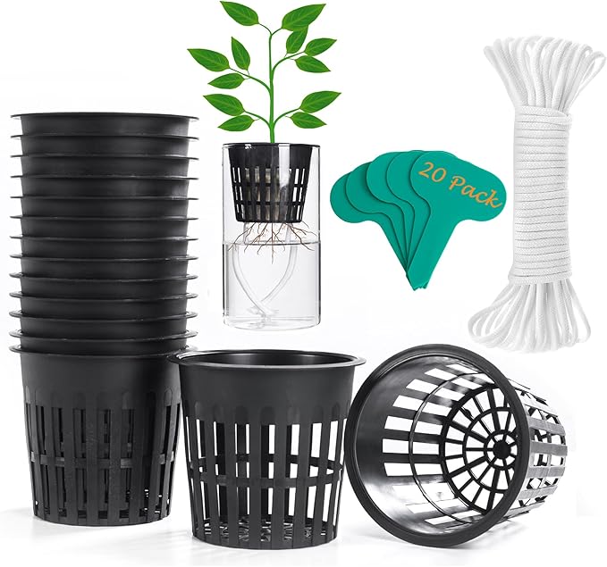 ORIMERC 4 inch Net Pots, 20 Pack Net Cups with 20 feet Self-Watering Rope&Plant Labels, for Hydroponic Aquaponics Kratky Orchid Vegetable Indoor Outdoor Growing Baskets Nursery Slotted Mesh BPA Free