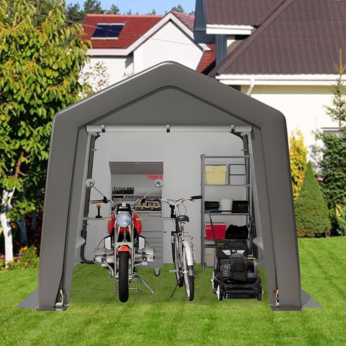 Outdoor Portable Storage Shed with Roll-Up Door,8X12X7.7FT Garage Tent Shelter with Side Wall, Portable Car Canopy for Snowmobile Bike Garden Tools