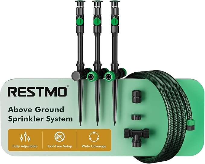 RESTMO Above Ground Sprinkler System,Irrigation Sprinklers for Yard,Green | DIY Flexible Metal Spike Sprinkler, Tool-Free, Adjustable Angle/Flow, 3 Sprinklers & 30ft Hose, Ideal for Plants & Gardens