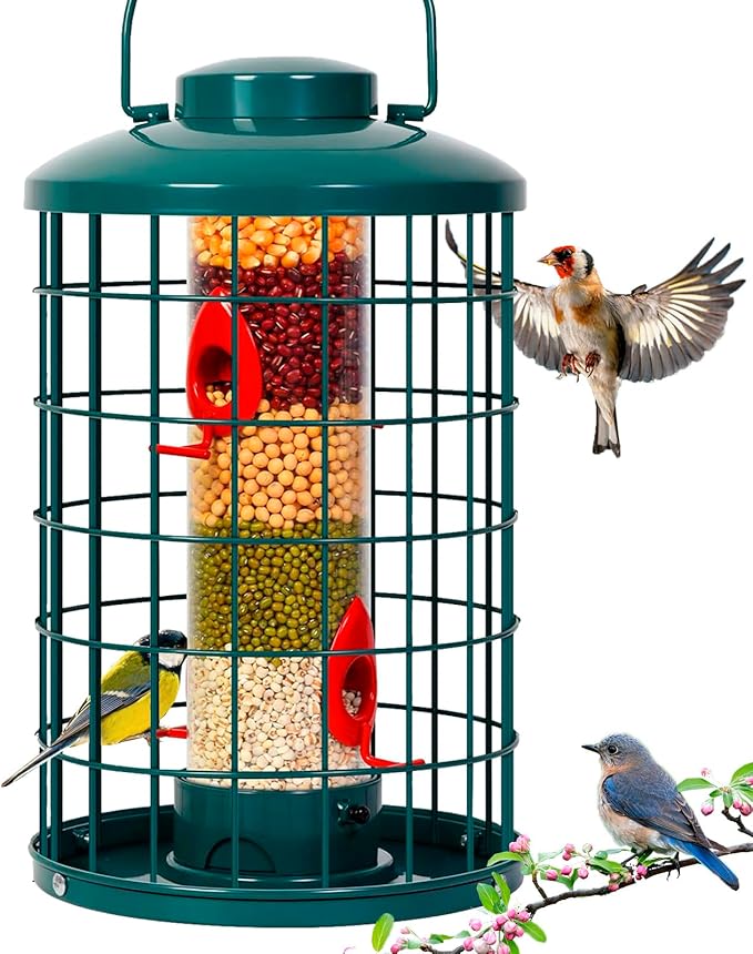 Mosloly Caged Bird Feeder for Wild Birds Outside, Large Squirrel-Proof Heavy-Duty Metal Hanging Tube Bird Feeder, 4 Feeding Ports, 13.2'' High, 3LB Seed Capacity (Green)