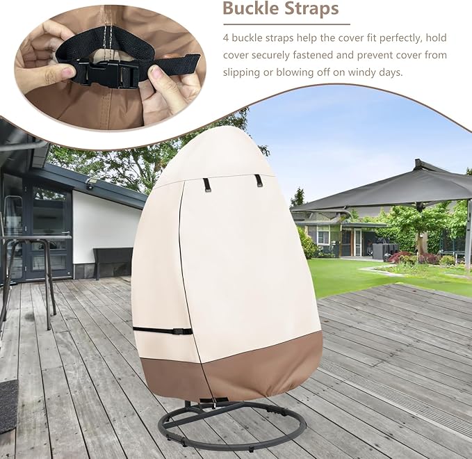 okcool Patio Hanging Egg Chair Cover, Waterproof Heavy Duty Outdoor Single Seat Swing Egg Chair with Stand Cover(Beige & Brown, Fits 45″W x 33″D x 68″H Egg Chair)