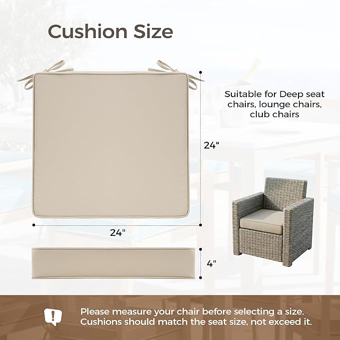 UNIKOME Outdoor Chair Cushions Set of 4, Water Resistant Patio Seat Cushions with Ties for Outdoor Furniture, High-Density Foam, UV & Fade Resistant, Piped Edge – 24" x 24" x 4", Beige