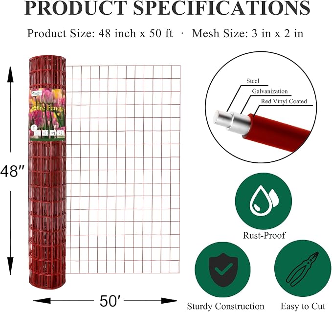 Red PVC Coated Welded Wire Fence 48 Inch x 50 Foot, 2 Inch x 3 Inch 16GA, Garden Border Fencing Roll Vinyl Coating Metal Wire Mesh for Yard Vegetable Plant Protection Poultry Netting