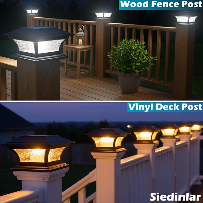SIEDiNLAR Solar Post Lights Outdoor Glass LED Fence Cap Light 2 Modes for 4x4 5x5 6x6 Posts Deck Patio Garden Decoration Warm White/Cool White Lighting Black (1 Pack)