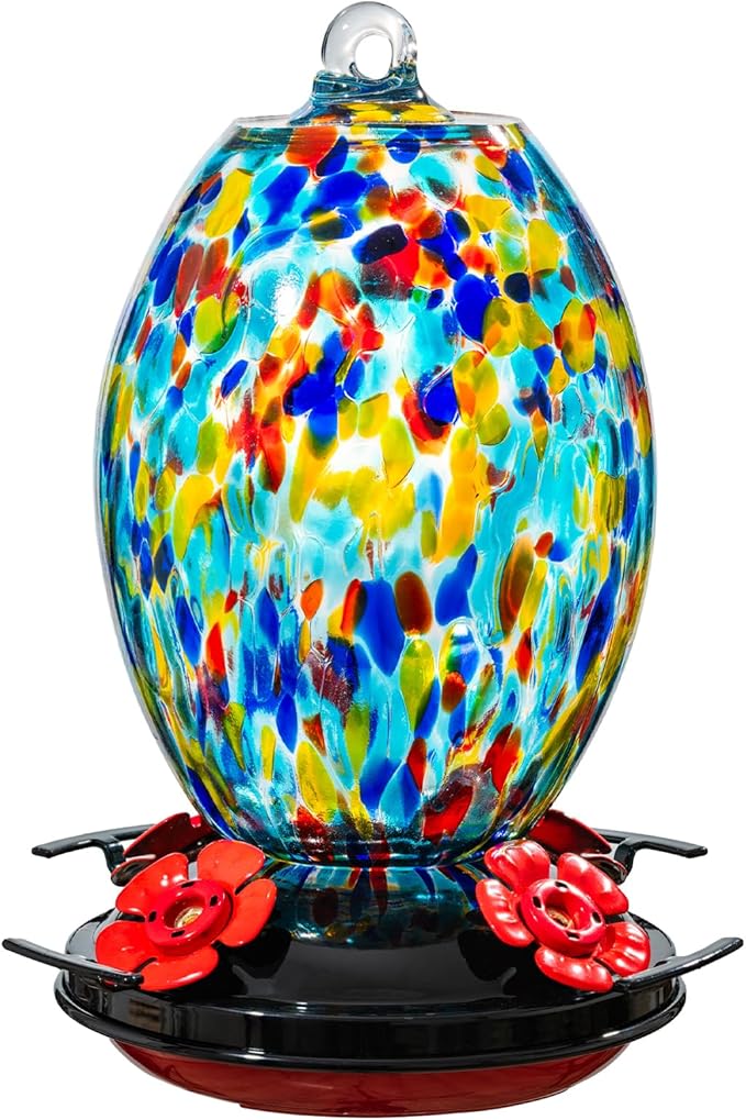 Muse Garden Glass Humming Bird Feeders for Outdoors - 27OZ Blown Glass Hummingbird Feeder - Unique Gift Mom Women Grandparents, Outdoors Hanging Garden Decor, Ant Moat & Brush, Blue Polka Dots