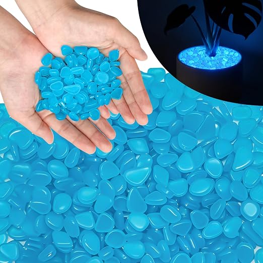 PoYang 1000pcs Glow in The Dark Rocks Outdoor - Blue Resin Glowing Pebbles for Landscaping, Garden, Fish Tank and Aquarium Indoor Decor, Powered by Sunlight or Lamplight (0.4"-0.7"/pc, 1.2lbs/Bag)