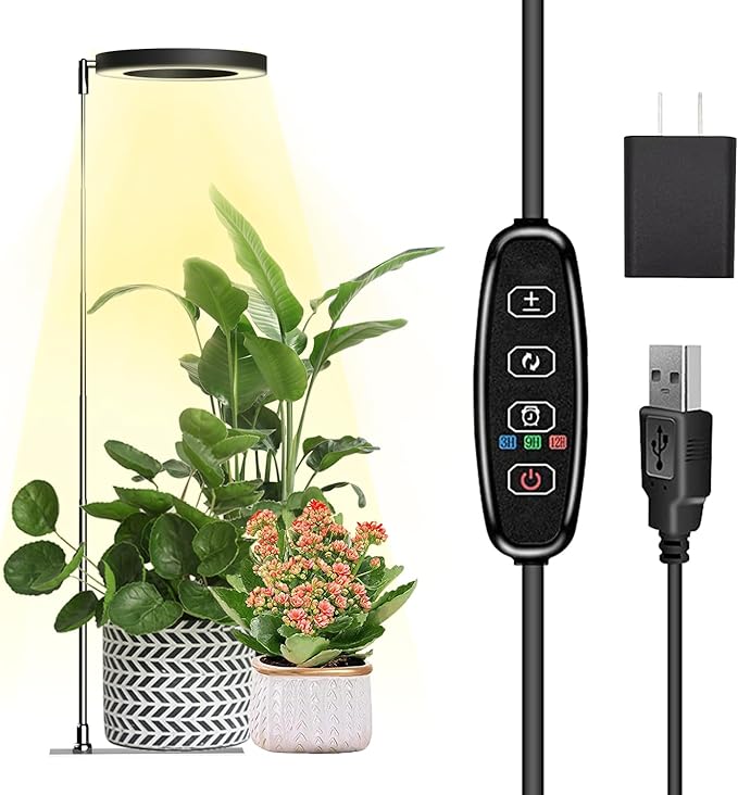 IMVSINCERE Halo Grow Light for Indoor Plants 72 LEDs - Adjustable Height （6.5-25 in） Full Spectrum LED Growing Lamp with Base, Auto On/Off Timer (3/9/12H), 10 Dimmable Brightness, 5V Adapter 160MM