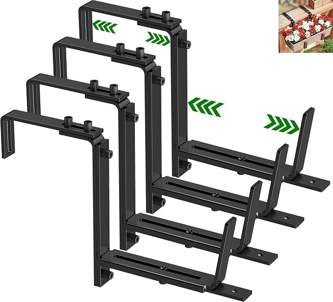 HFHOME 4PCS Adjustable Planter Window Box Planters Hanging Flower Box Holders Brackets, Heavy Duty Wall Mount Holder for Windowsills, Garden, Fences, and Balcony - Black