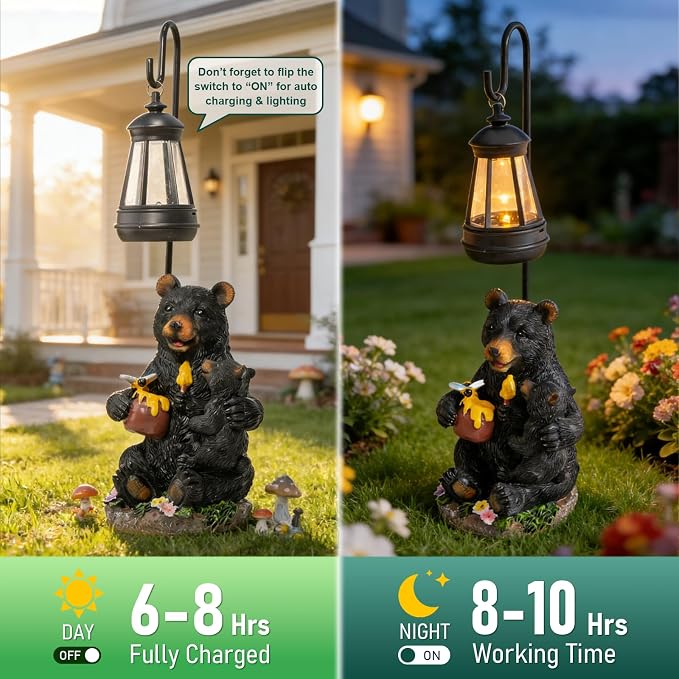 Pohabery Solar Bear Family Garden Statue with Lantern, Resin Mother and Baby Bear Figurine Outdoor Garden Decor