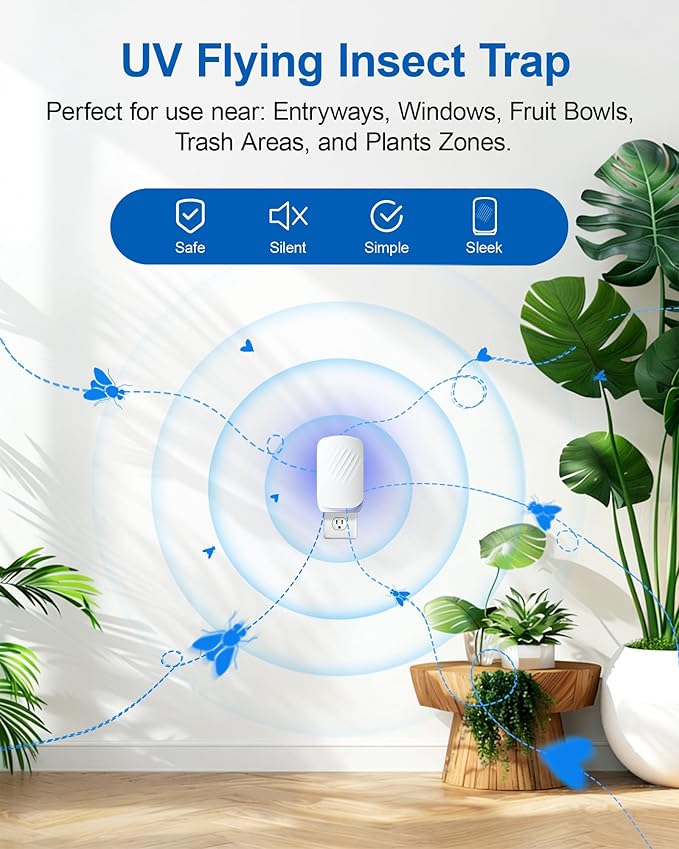 Plug-in Flying Insect Trap for Indoors, Fly Trap for Fruit Flies, Gnats & House Flies, UV Light Indoor Bug Catcher for Home, Kitchen, Silent & Mess-Free Alternative to Bug Zapper, 1 Device 2 Refills