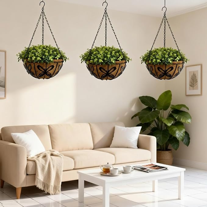 10 Inch Hanging Baskets for Plants Outdoor, 3 Pack Metal Wire Hanging Planters with Coco Coir Liners, Rust-Resistant Flower Basket with Chains & Hooks for Garden Patio Porch Deck Balcony