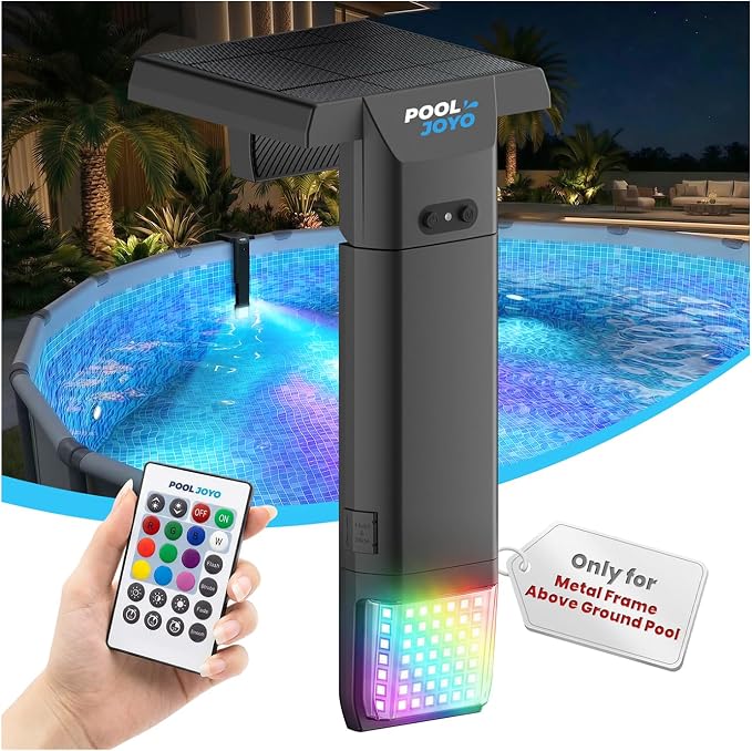 Solar Pool Lights Only for Metal Frame Above Ground Pools, 1.71–3.9 Top Rails, Remote Control, Brighter 3-Sided 180° Underwater Glow, 10 Colors 4 Modes, IP68 Waterproof（1 Pack）