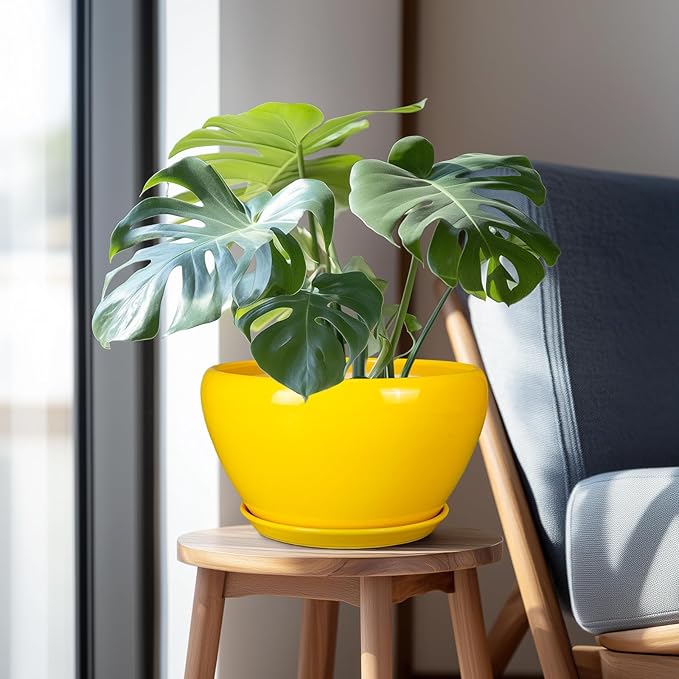 Ceramicfor Indoor Planter 11 Inch - Decorative Mid-Century Large Ceramic Plant Pot for Outdoor Plants with Drainage Hole and Saucer, Home Balcony House Garden Patio Office Room Decor, Yellow