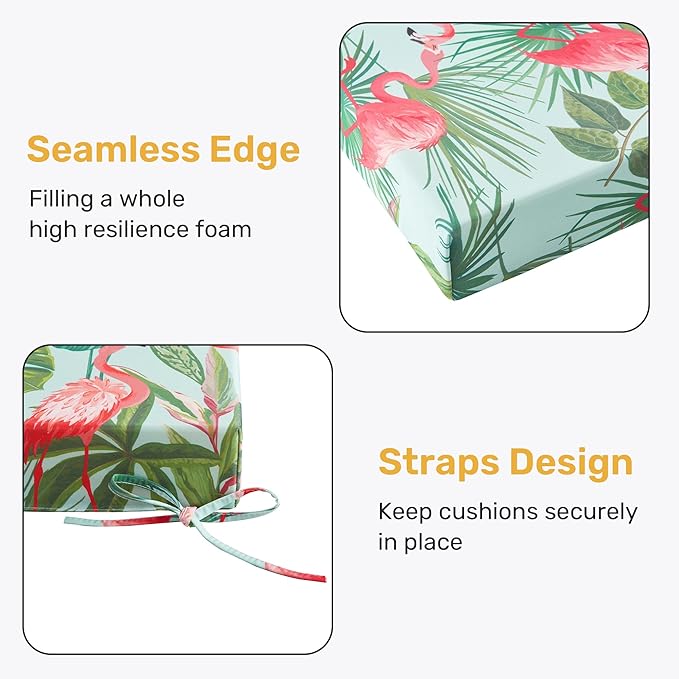 UNIKOME Outdoor Chair Cushions Pack of 4, Water Resistant Patio Cushions with Ties, High Density Sponge Filling Square Corner Seat Cushions for Outdoor Furniture, 18.5"*16"*3", Flamingos