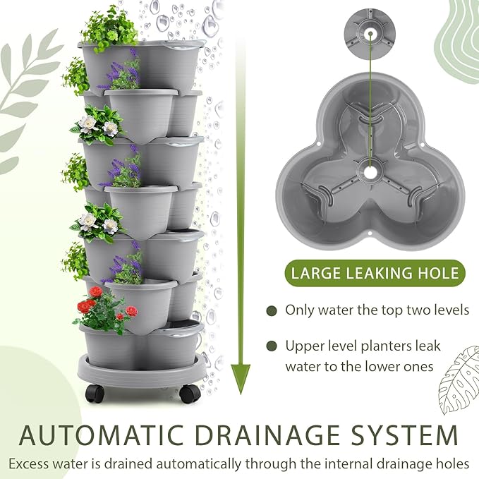 Umigy 1 Set Light Gray 7 Tier Stackable Vertical Planters with Removable Wheels and Tools Tower Planters Strawberry Herb Flower Vegetable Pots Indoor Outdoor Gardening Pots