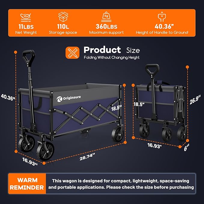 Originsure Collapsible Wagon Cart Foldable - Lightweight Portable Heavy Duty Folding Beach Wagons with Wheels - Outdoor Utility Carts for Grocery, Camping, Shopping with Large Capacity - Grey&Purple