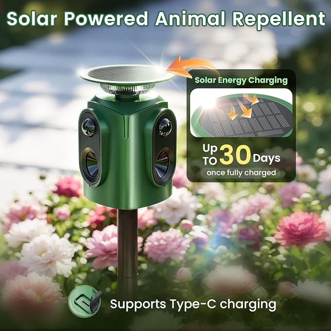 360° Solar Ultrasonic Animal Repellent Outdoor, 2 Pack Deer Repellent Devices with Motion Sensor, IP65 Waterproof Cat Deterrent for Yard, Effective Repel Squirrel, Rabbit, Dog - Green