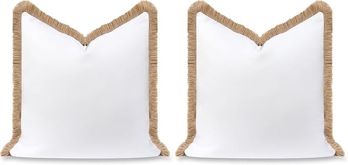 Hofdeco Premium Coastal Hampton Patio Indoor Outdoor Throw Pillow Cover Only, 22"x22" Water Repellent for Backyard, Couch, Poolside, White Neutral Tan Solid (Pack of 2)