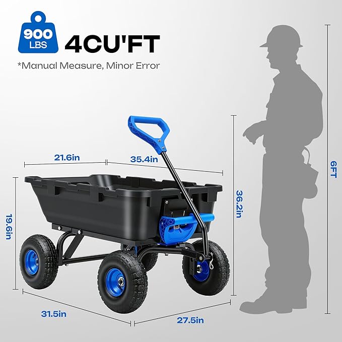 900LB Garden Dump Cart, 2026 Upgraded Heavy Duty Wheelbarrow Cart with 10" Non-Slip Pneumatic Tires & Quick-Release System, 4-Wheel Steel Frame Wagon for Transportation in Yard, Farm, Garden
