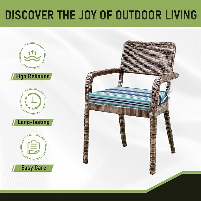 Basic Beyond Outdoor Chair Cushions Set of 4, Square Corner Outdoor Cushions for Patio Furniture, Water Resistant Patio Chair Cushions with 2 Ties, 18.5x16x3, Pinstriped Blue