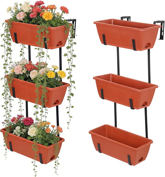 OYEAL Hanging Flower Pots for Railing Fence Outdoor Window Boxes Planter with Adjustable Hooks, Set of 2 Deck Rail Planters with 6 Detachable Plastic Planter Boxes, Drainage Holes, Brick Red