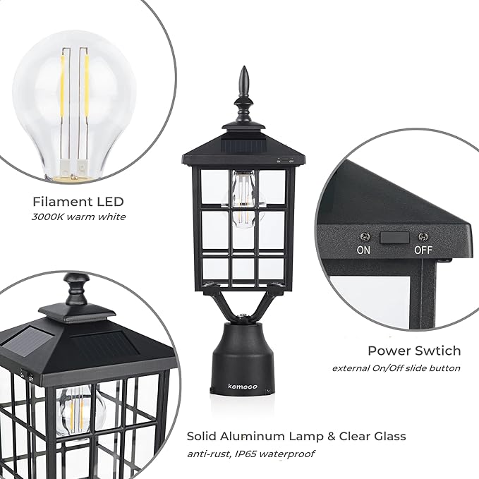 Outdoor Solar Post Lights with Pier Mount Base, ST4224Q 2 Pack Black Cast Aluminum Squared Waterproof Exterior Post Lamp Warm White LED for Yard Garden Pillar Pole Pathway