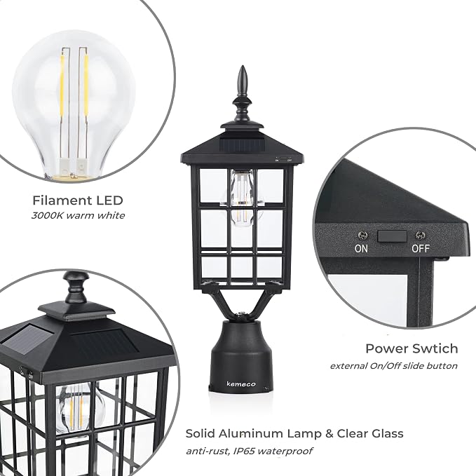 ST4224Q-A Solar Post Light Outdoor, Landscape Led Squared Frame Fixture with 3" Pier Mount Base for Garden Street Post Pole Yard Driveway Entryways (Black)