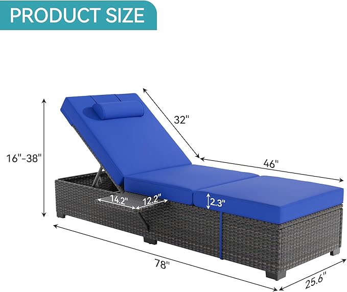 Garvee Outdoor Chaise Lounge Set of 2, 5-Position Adjustable Reclining PE Wicker Lounge Chairs with Cushions for Poolside, Garden, Patio, Backyard, Blue