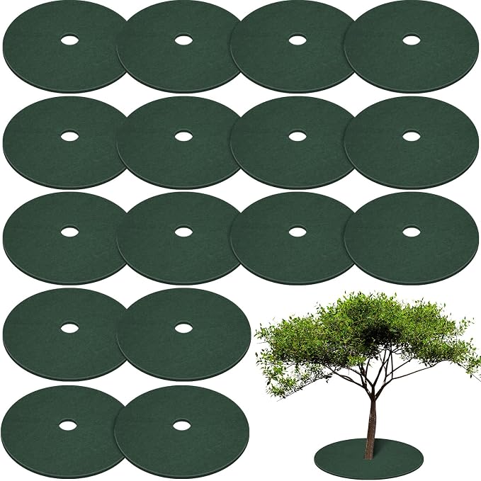Shimeyao 16 Pcs 32. 2 Inch Non Woven Tree Mulch Ring Round Tree Weed Barrier Mat Reusable Landscape Protector Base Barrier Fabric for Weed Root Protection (Green)
