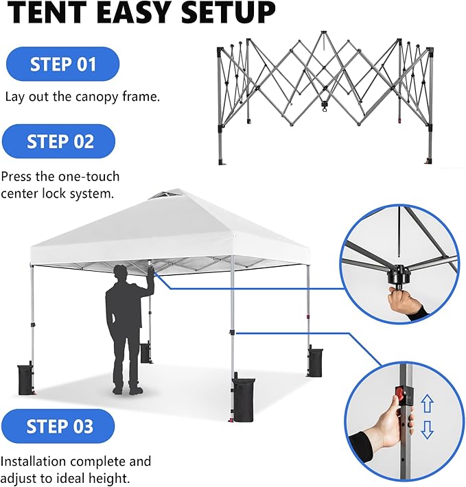 OLIXIS 10x10ft 1-Person Pop Up Canopy Tent, Heavy Duty One Push Setup Portable Outdoor Shelter for Beach Events Camping with Rolling Carry Bag, Snow White