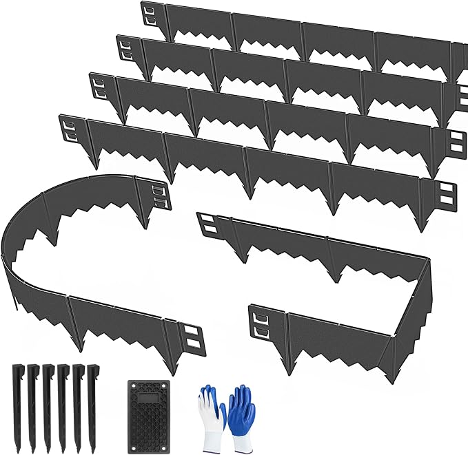 Hlogree 6 Pack Metal Landscape Edging, Garden Edging, Garden Border with 6 Pcs Anchor Stakes, No-Dig Hammer-in Heavy Duty Metal Edging Border for Flower Bed, Yard & Pathway (Black, 6inch)