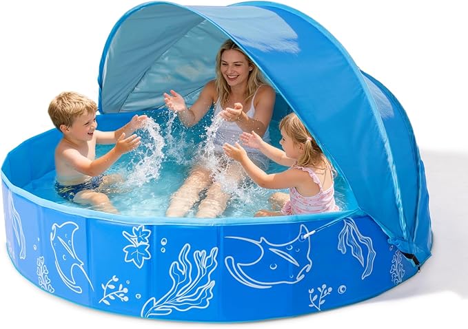 Hikiddy Foldable Kiddie Pool with Canopy: 31.5in/ 47in /63in for Baby Toddler Kids Family - Summer Water Play Pool with Shade - Portable for Outdoor Backyard Beach (Blue-Blue, 63in)