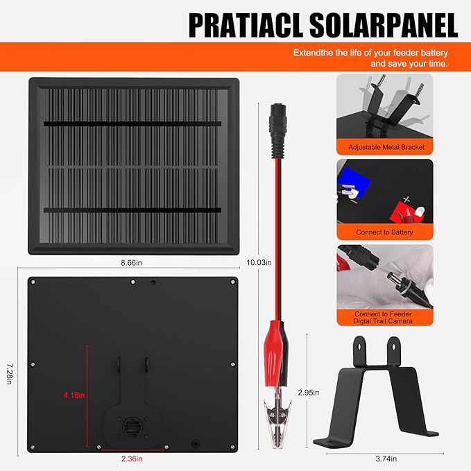 6V Solar Panel for Deer Feeder, 4.5W High-Efficiency Solar Charger with Adjustable Mount Bracket, Alligator Clips & DC Connectors, Battery Maintainer for Hunting Feeder, 6V Rechargeable Batteries