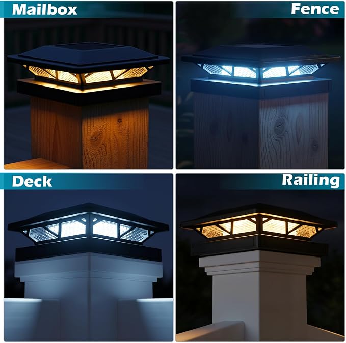 SIEDiNLAR Solar Post Cap Light 2 Modes 2 Pack, 3.5x3.5 4x4 4.5x4.5 5x5 Wooden/Vinyl Posts, Waterproof Outdoor Lighting for Fence Deck Patio Garden Decor, White/Warm (Black)
