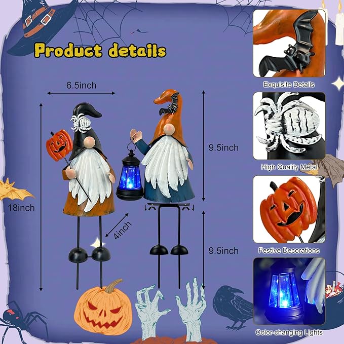 HONGLAND Halloween Decorations Outdoor Solar Gnomes with LED Lantern, Gnomes Metal Yard Art Halloween Outdoor Decor Patio Holiday Gardening Gifts for Mom Women