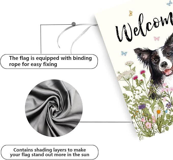 Floral Border Collie Garden Flag Spring Summer House Flags 28 x 40 Double Sided Flower Dog Yard Flags for Outside Large Outdoor Welcome Flags