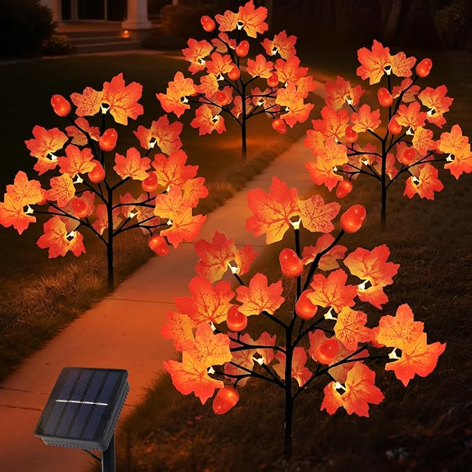Fall Decorations Outdoor, 4-Pack 80LED Maple Leaf Acorn Yard Stake Lights, Waterproof Solar Fall Lights Thansgiving Decorations Outdoor for Yard, Garden, Pathway Harvest Holiday Fall Decor