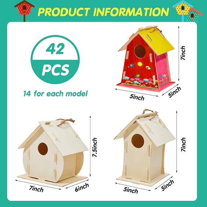 Deekin 21 Sets DIY Birdhouse Kit for Kids to Build and Paint, Include Unfinished Wooden Bird House Strips and Colorful Painting Pens for Fun Craft Activity Creative DIY Art Project