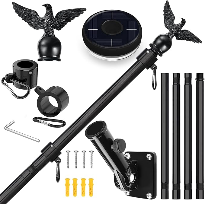 LETSTRY 5FT Flag Pole Kit for House with Solar Light and Adjustable Bracket, 1" Thickened Stainless Steel Outside Wall Mount Flagpole for 3x5 American Flag, for Residential, Outdoor or Porch (Black)