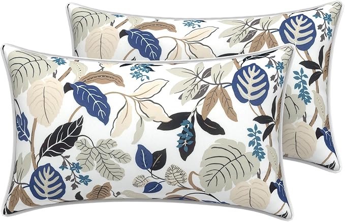 LVTXIII 2 Pack Outdoor Lumbar Pillow Covers 12x20 Inch with Piping, Water-Repellent Back Cushion Covers ONLY for Patio Furniture, Sofa, Garden Bench, Breeze Leaves Beige