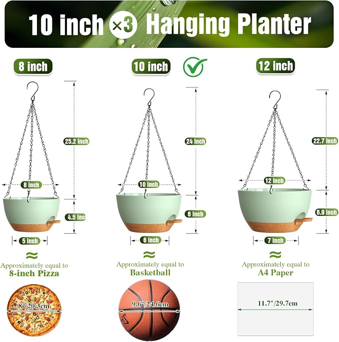 10 Inch Self Watering Hanging Planters, 3 Pack Plastic Plant Pots | Sturdy lightweight pot with side watering lip, drainage holes, snap-on detachable tray & hanging chain for easy care