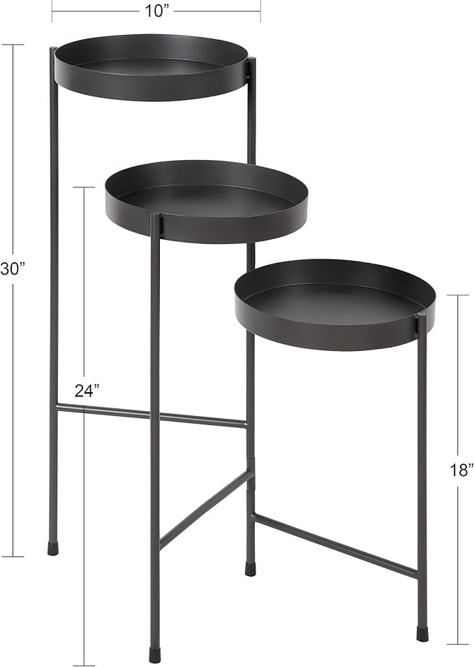 Kate and Laurel Finn Tri-Level Metal Plant Stand, Charcoal Gray, Decorative Hinged Tray Stand Display