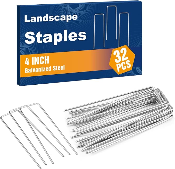 Whonline 32 Pack Landscape Staples 4 Inch, Galvanized Garden Stakes U-Shaped SOD Landscaping Fabric Pins Yard Ground Staples for Gardening Lawn Turf Securing Irrigation Pipe Hose Plant Cover